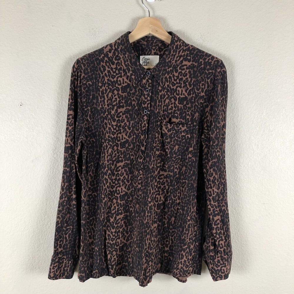 Cosmic Blue Love Leopard Print Shirt Women M BlackBrown Lightweight Rayon Office